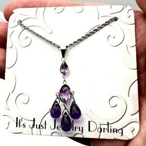 Womens 14K White Gold Amethyst Briolette Pendant On 10K Rope Chain Necklace